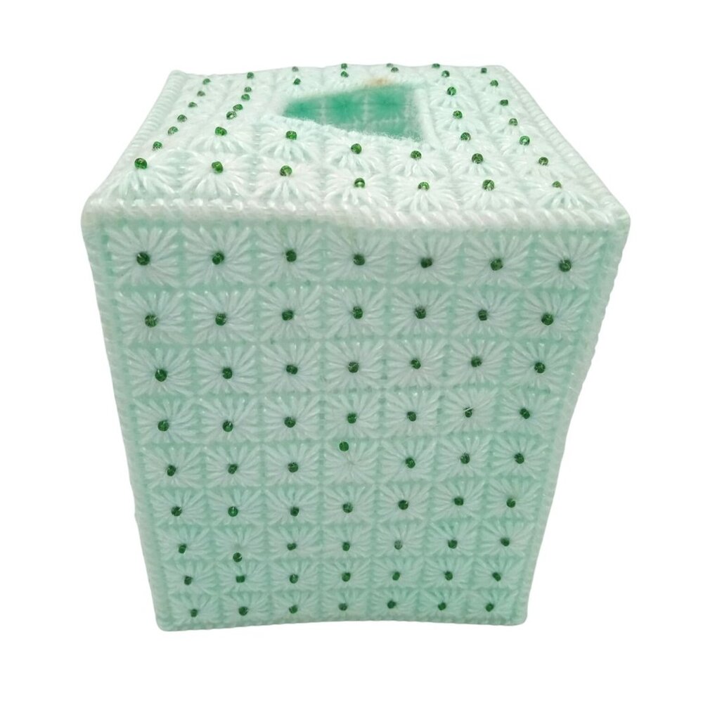 Tissue Box Cover Vintage Green Plastic Canvas Pattern 5.75 Inches Handmade